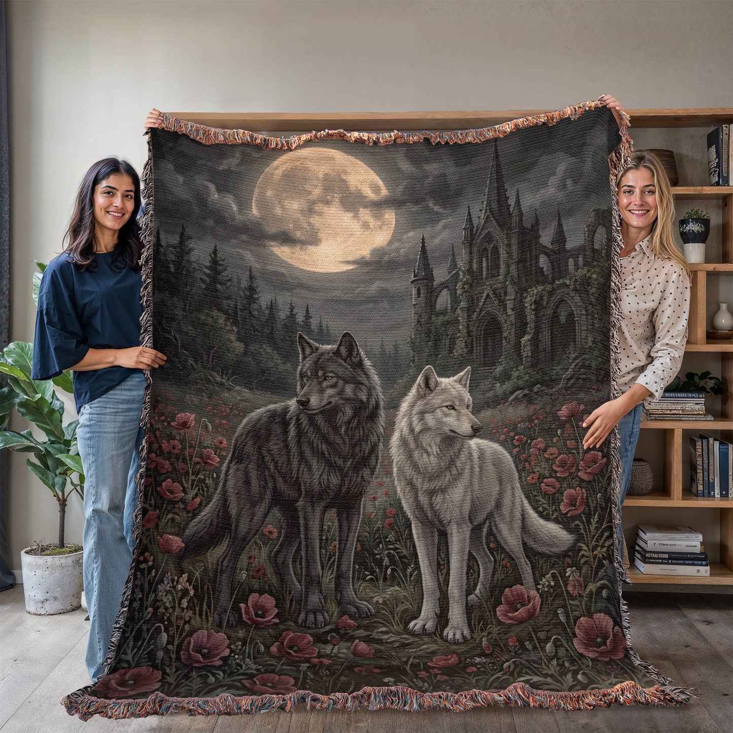Cotton Woven Blanket – Gothic Wolf Couple in Poppy Field under Moon