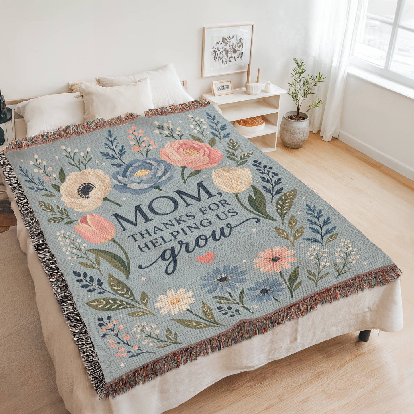 100% Cotton Woven Blanket – Mom Thanks for Helping Us Grow, Blue Floral Mother's Day Throw Gift