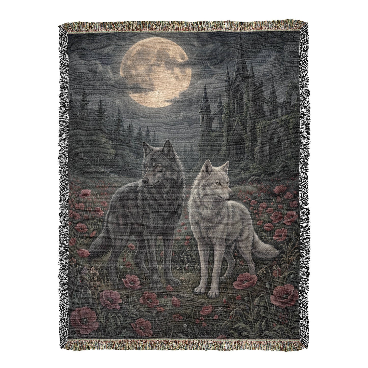 Cotton Woven Blanket – Gothic Wolf Couple in Poppy Field under Moon