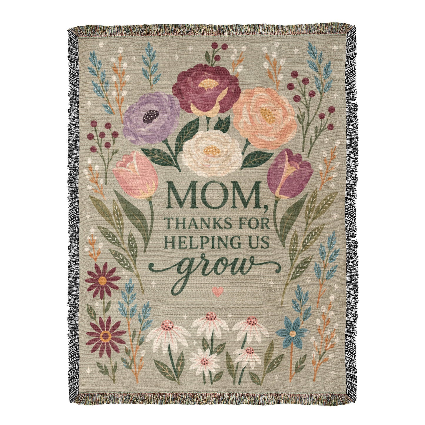 100% Cotton Woven Blanket – Mom Thanks for Helping Us Grow, Floral Mother's Day Throw, Gift for Mom