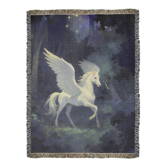 Premium Woven Cotton Throw – White Pegasus under Starry Sky in Mystical Forest